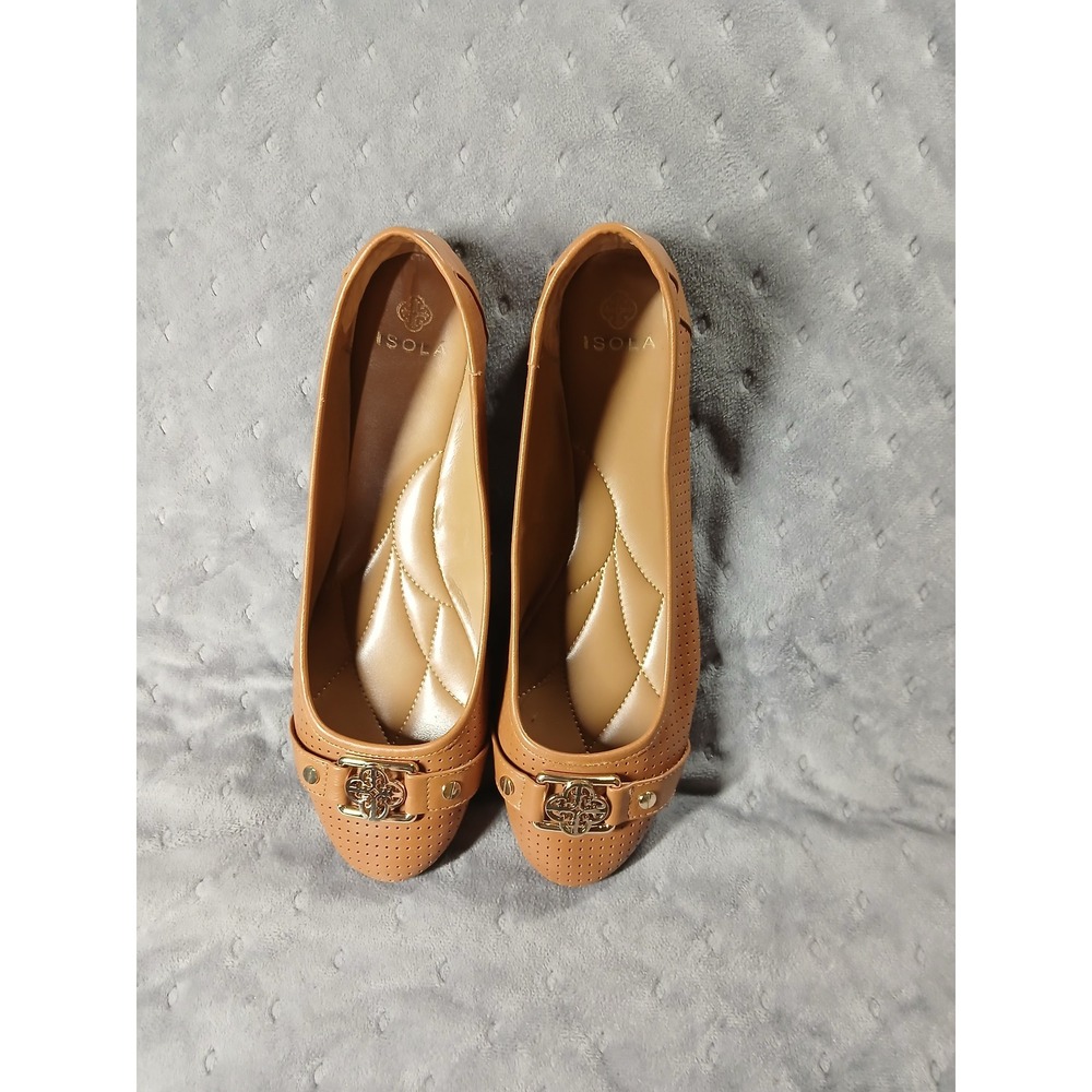 Isola Tan Perforated Leather Ballet Flats Gold Hardware Buckle Accents 9.5 - Picture 3 of 6